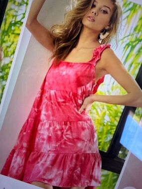 ❤️ Hello Gorgeous! BiBi Tie Dye Print Soft Rib Knit Dress w/Ruffle-Coral/Peach